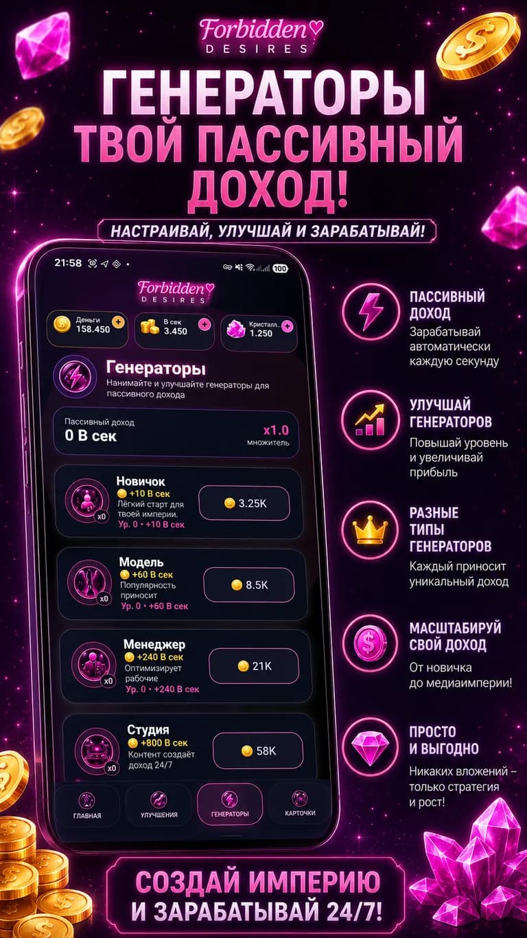 Улучшай генераторы и зарабатывай пассивно.